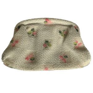 Vintage VTG 1950s Lumured Beaded Clutch – White Floral Bead Evening Bag Made in